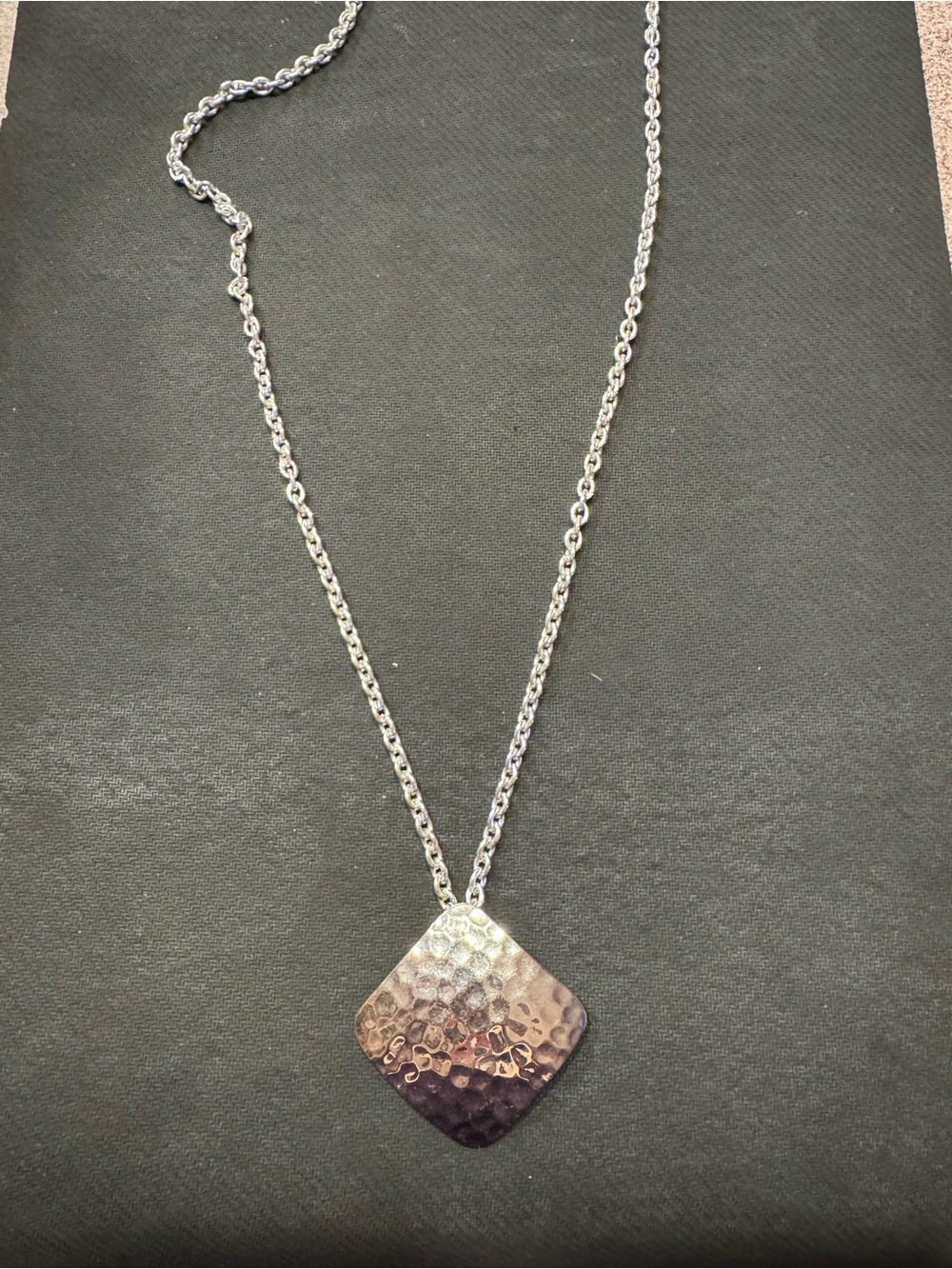 Silver-Tone Hammered Diamond Pendant Necklace On Long Heavy Chain